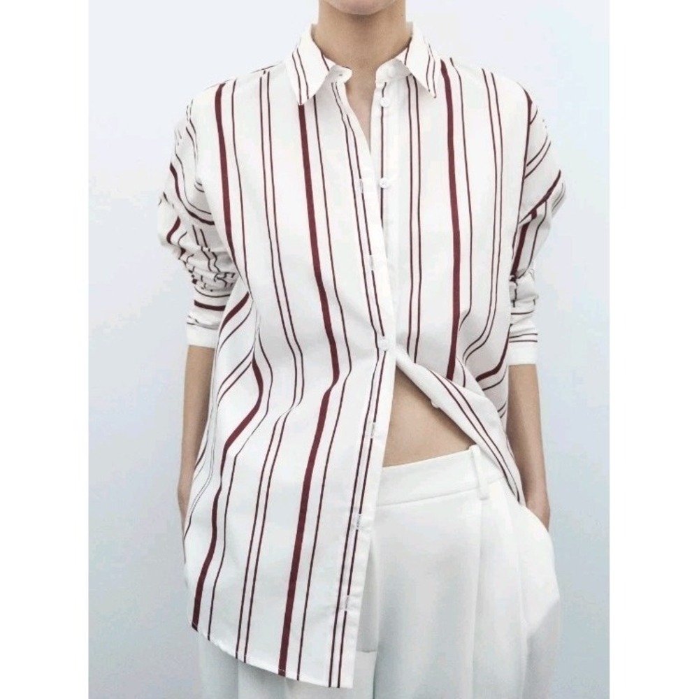 Zara Striped Button Down Relaxed Fit 100% Cotton Burgundy White Size M NWOT